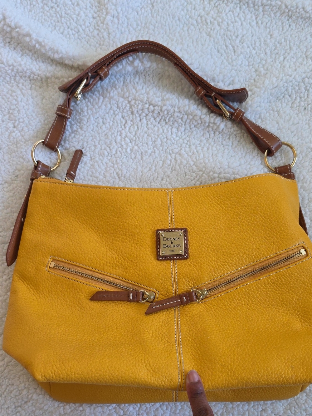 Dooney & Bourke Mustard Yellow Pebble Leather Shoulder Bag with Brown Trim